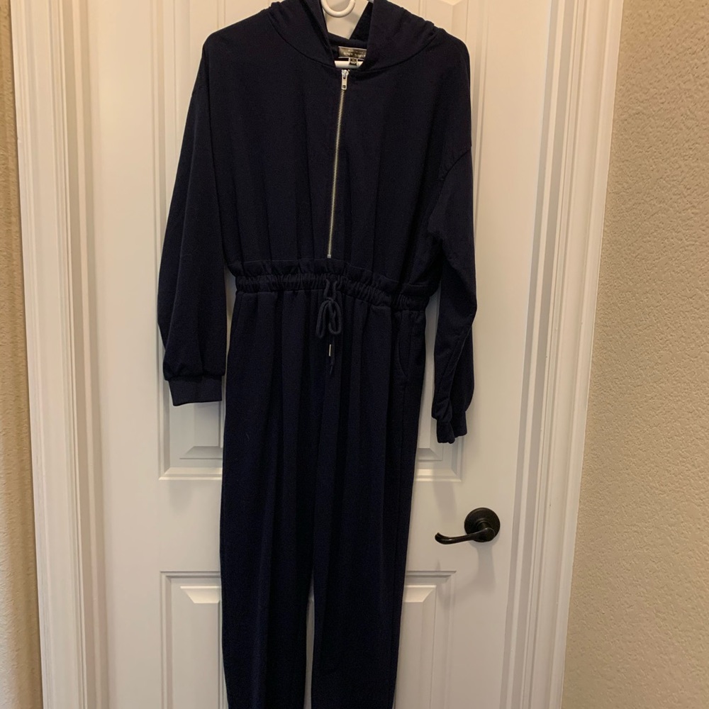 Navy blue long sleeve hooded romper